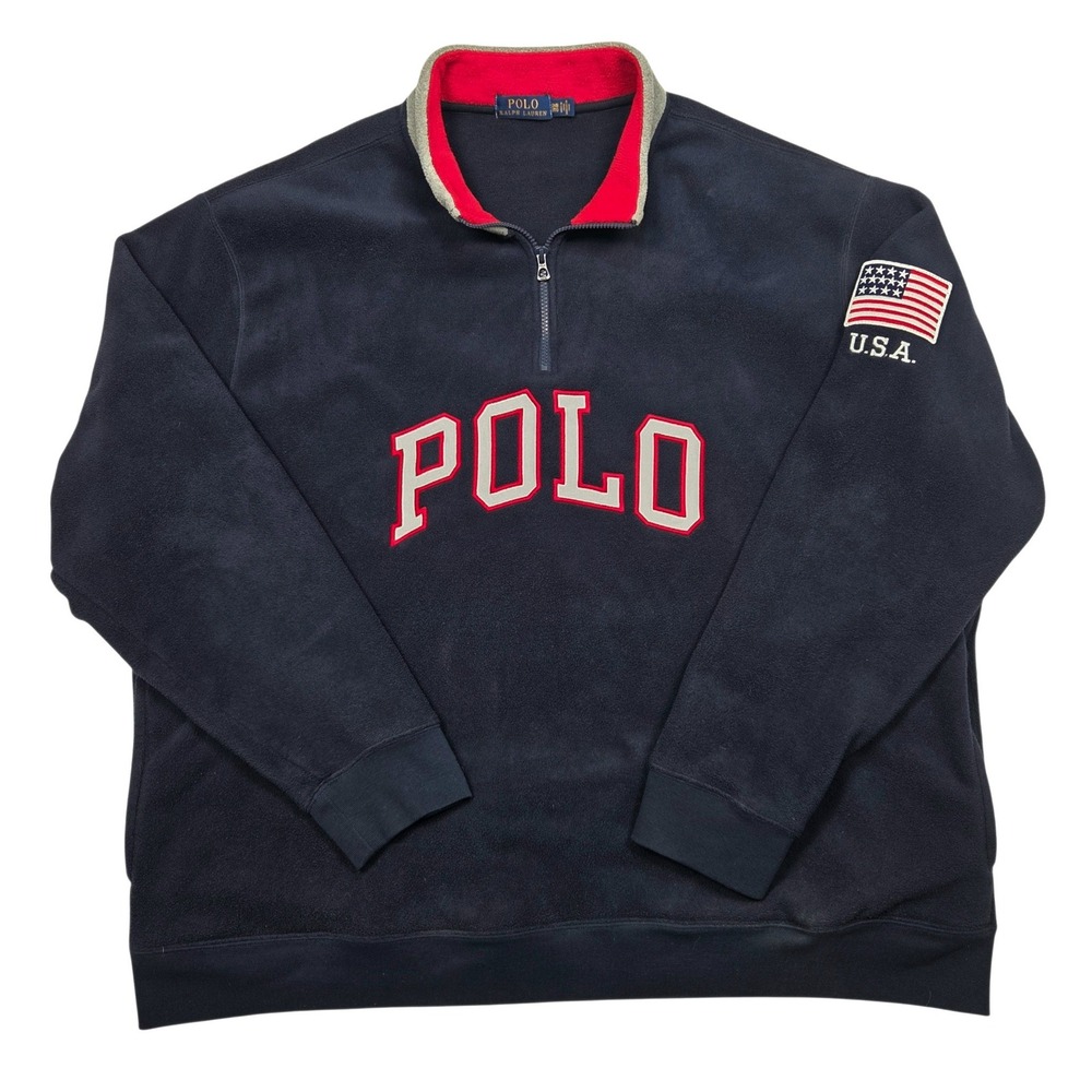 Polo Ralph Lauren Quarter Zip Pullover Mens 3XB Navy Blue USA Flag Fleece Sweat